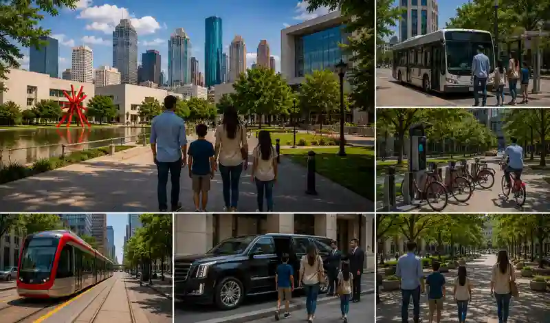 Transportation options for Houston museums including private chauffeur service, METRORail, buses, biking, and walking paths.